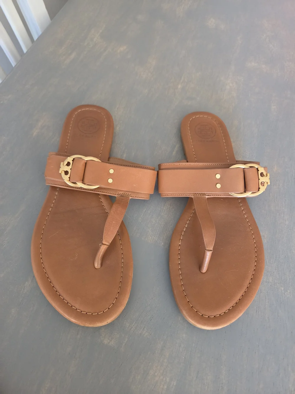 Tory Burch Brown Leather Thong Sandals with Gold Buckle